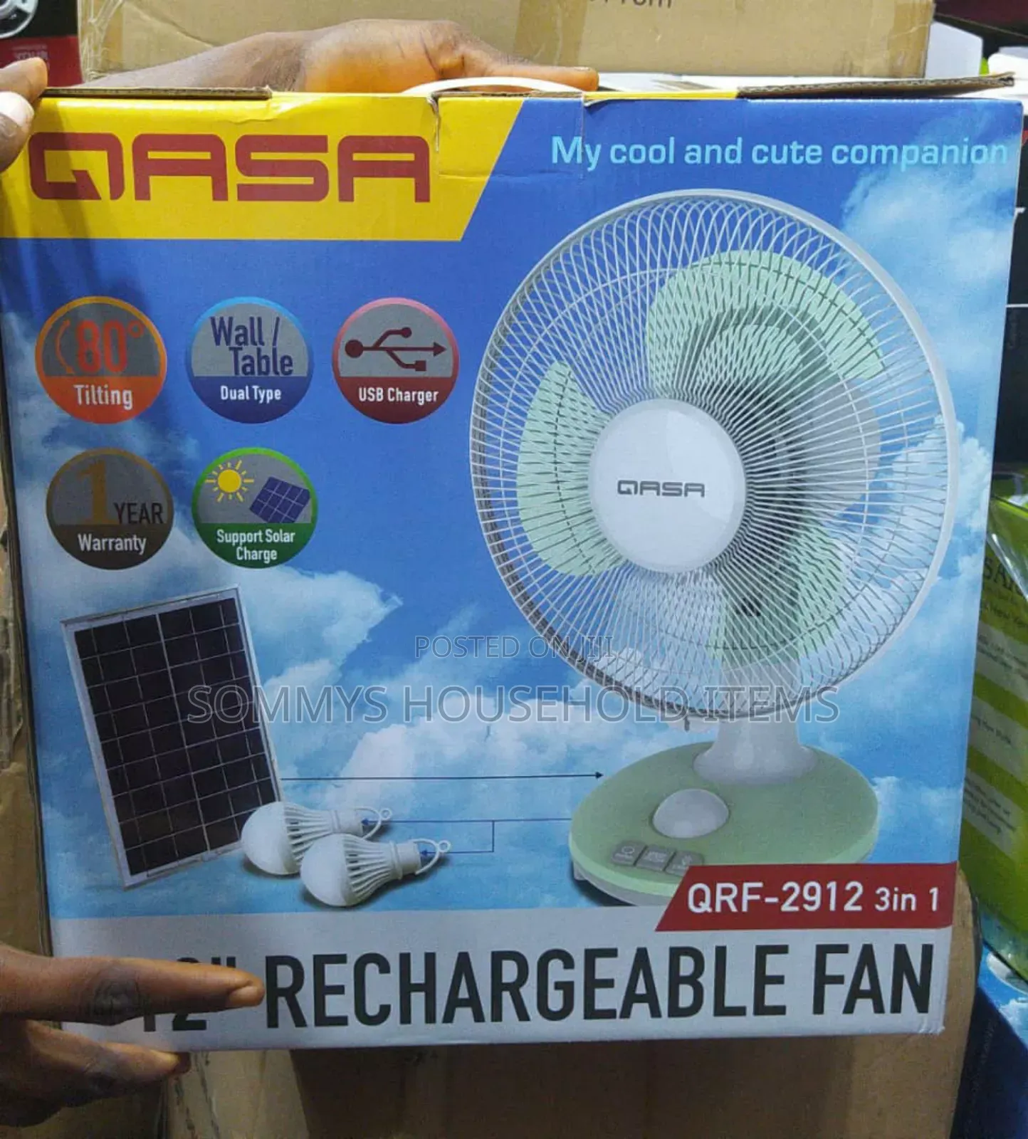 12" Qasa Rechargeable Solar Fan With Solar Panel And 2 Bulbs