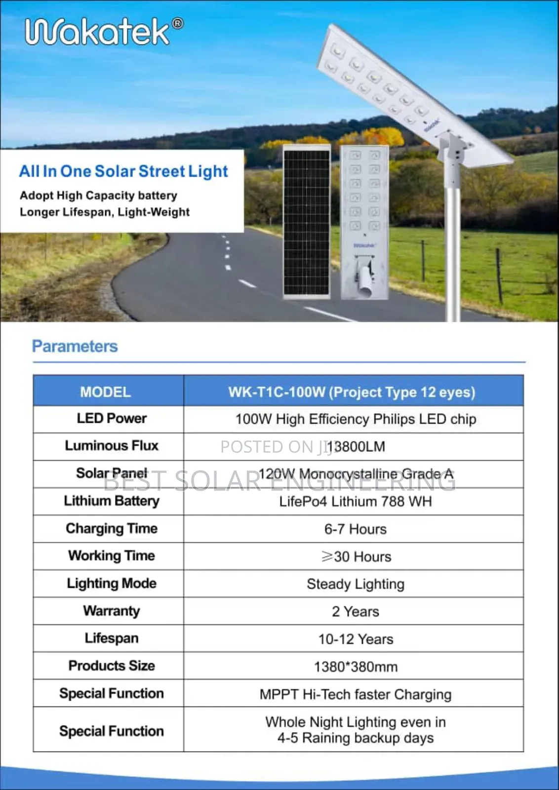 100w Wakatek Solar Street Light 12eyes