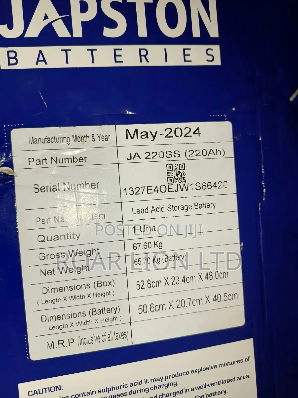 JAPSTON 220ah Tubular Battery