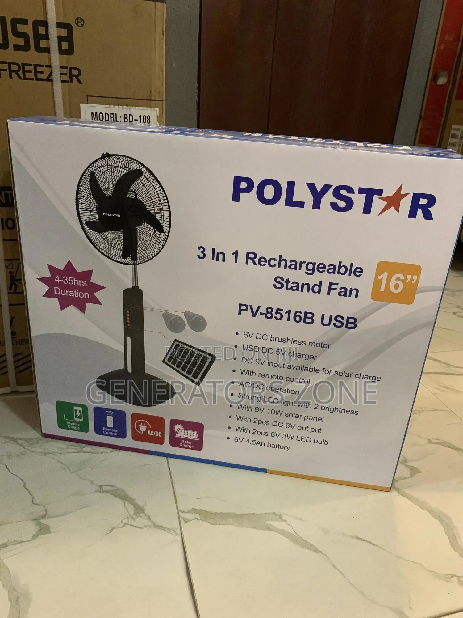 Versatile Use Polystar 16" Stand Fan Rechargeable {Pv-8516b}
