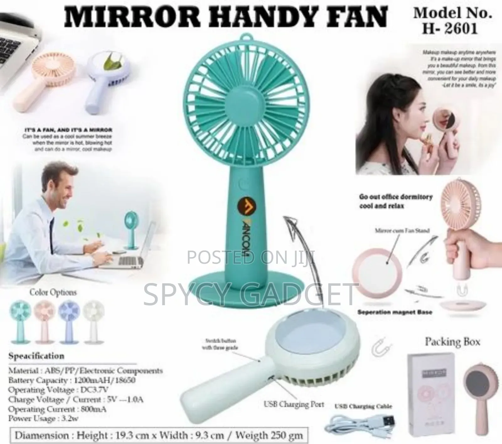 Rechargeable Handy Fan With Magnetic Make Up Mirror