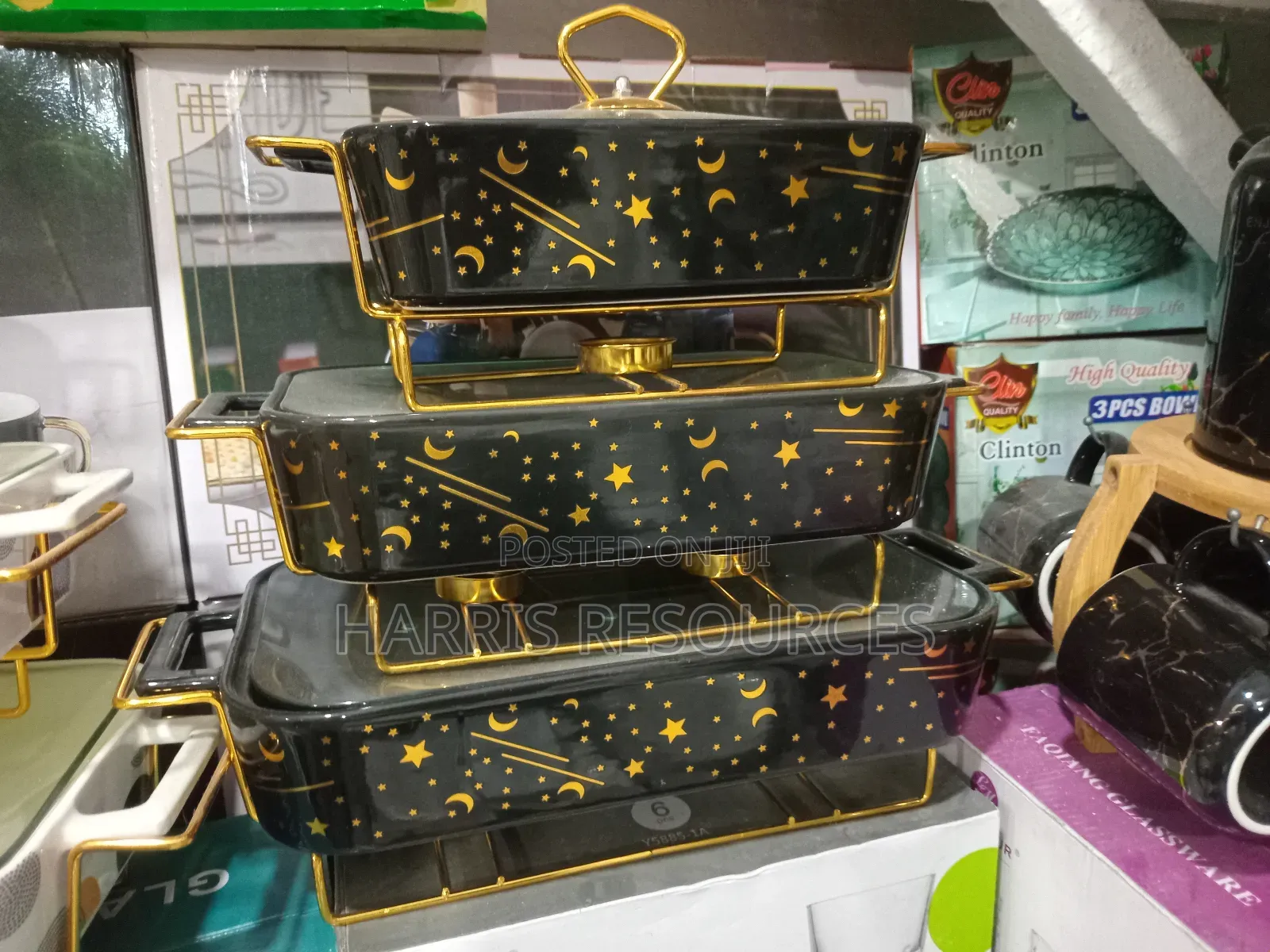 Buffet 3pcs Glass Plates With Golden Stands.