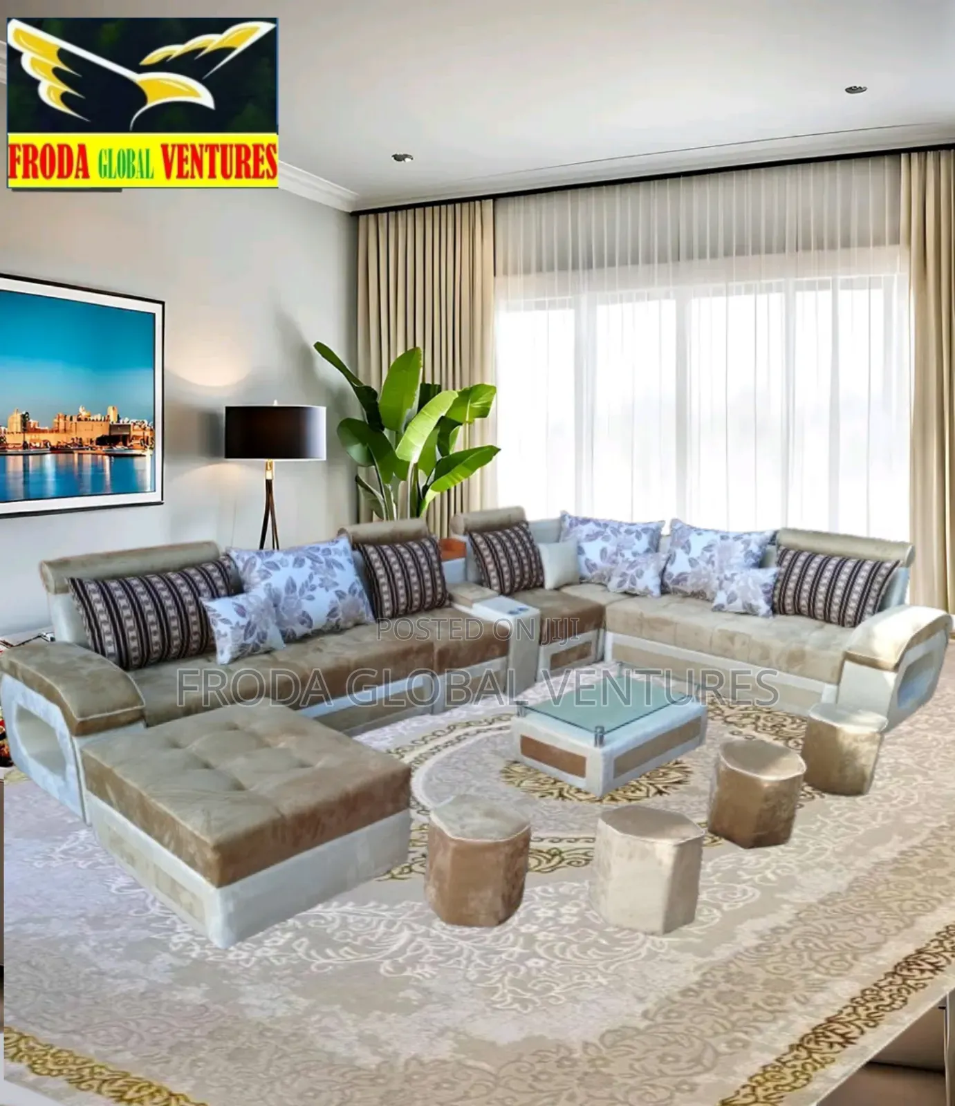 Standard Living Set. U-Shape Sofa, Pillows,Table and Stools