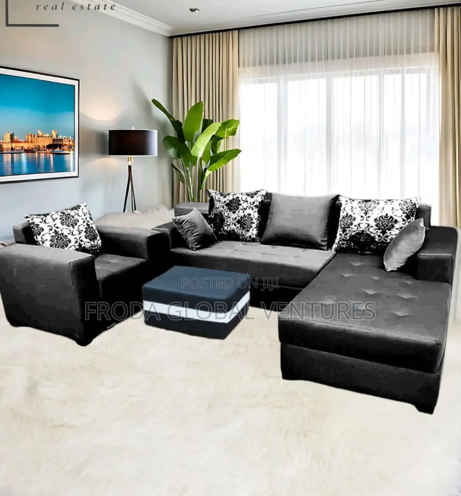 Living Room Set of Sofa. L-Shape Sofa, Single Chair, Pillows and Table