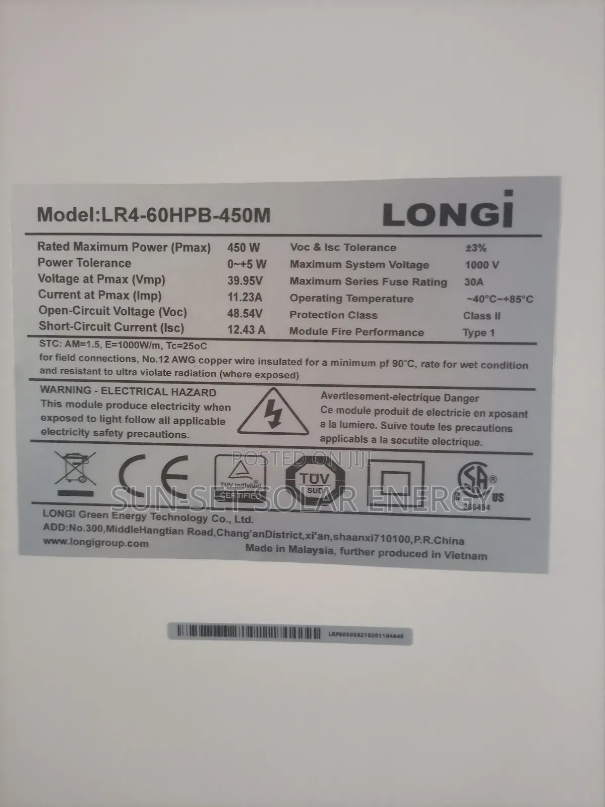 LONGI SOLAR PANEL 450W 15yrs Warranty and 25yrs Life Span