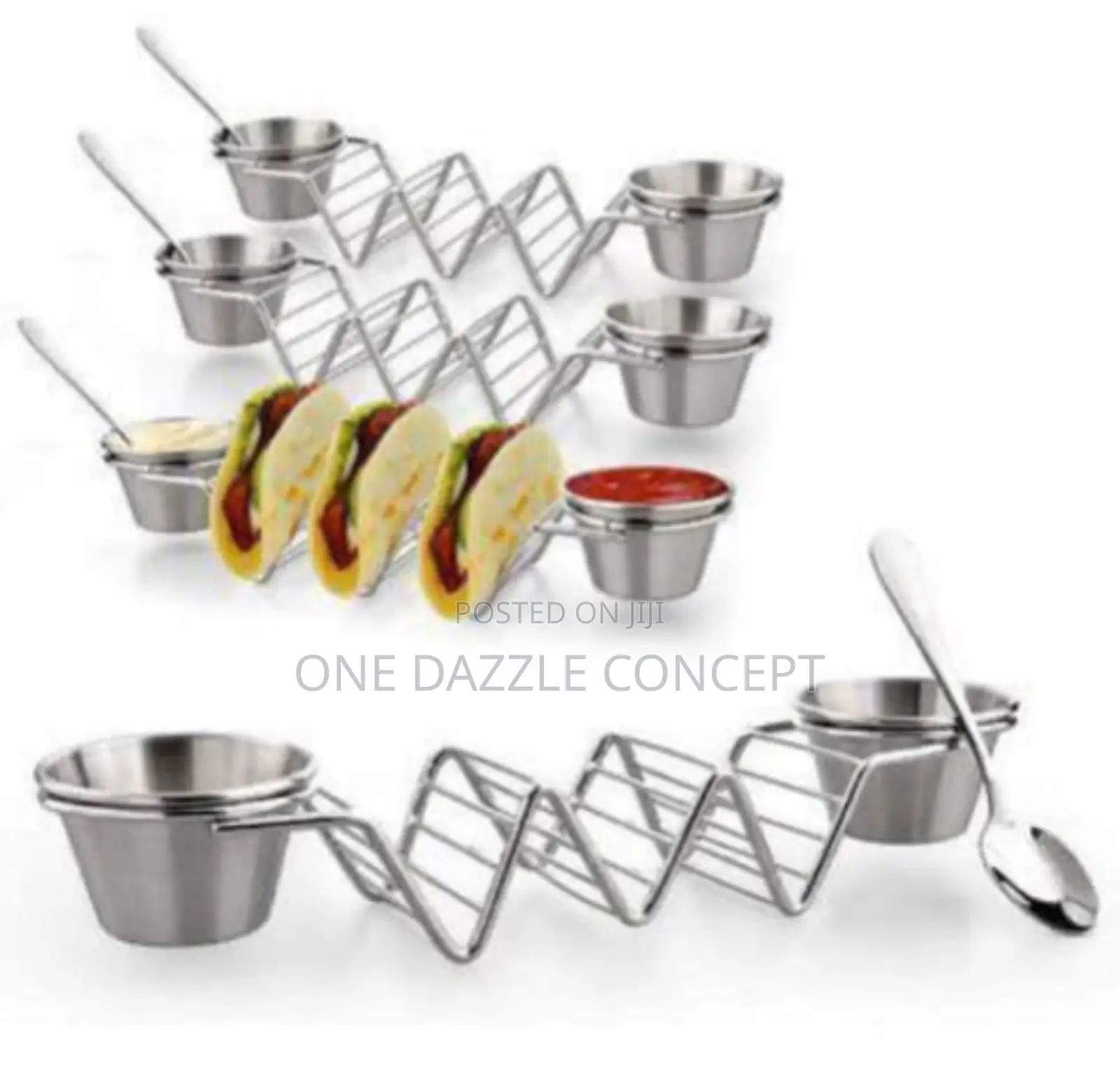 Stainless Steel Taco Holder With 2 Sauce Bowl