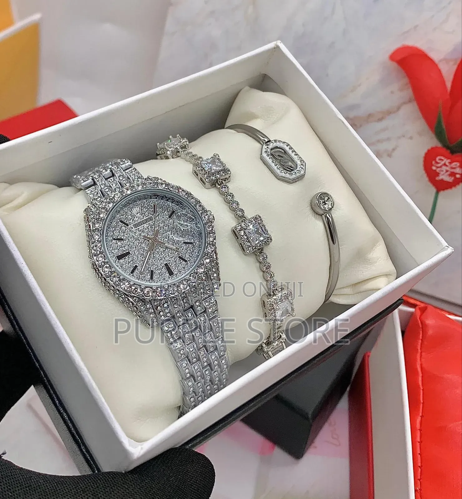 Rolex Female Silver Stoned Watch and Bracelets