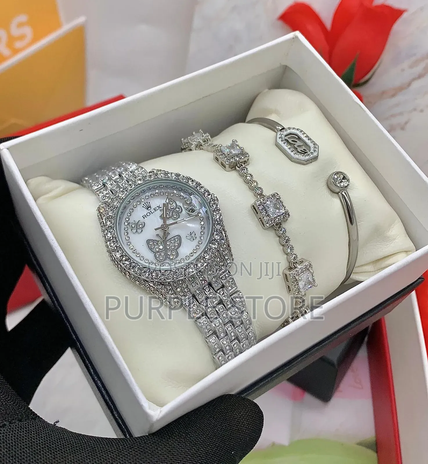 Rolex Female Silver Stoned Watch and Bracelets
