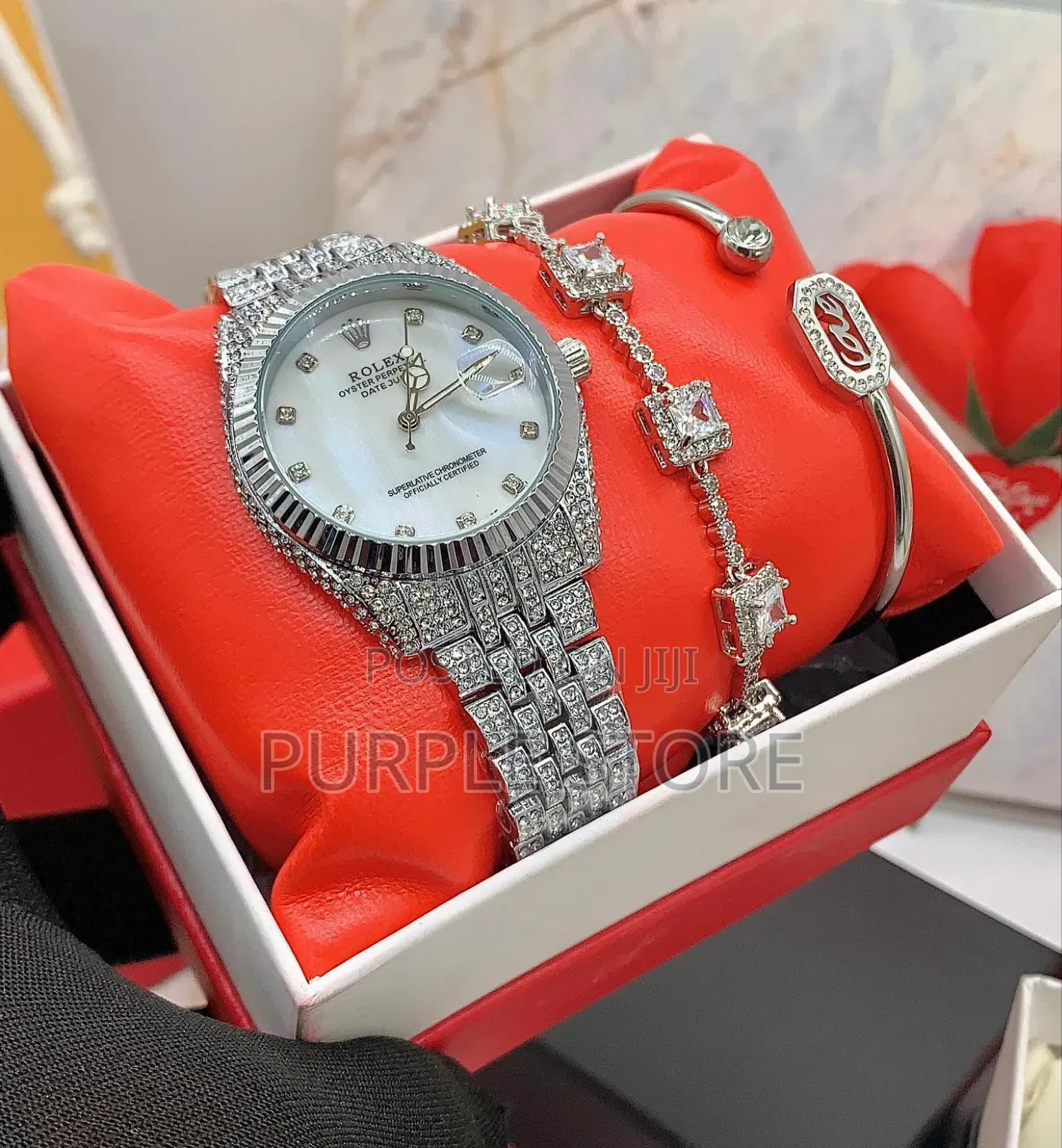 Rolex Female Silver Stoned Watch and Bracelets