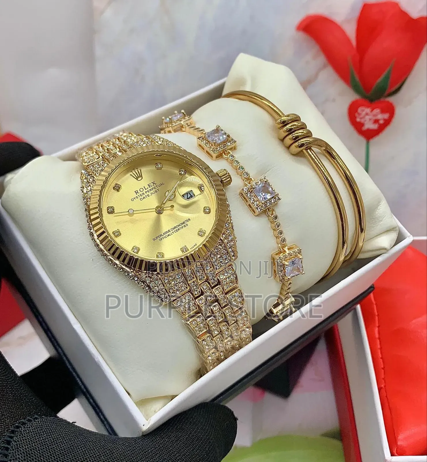 Rolex Women Gold Stoned Watch and Bracelets Set