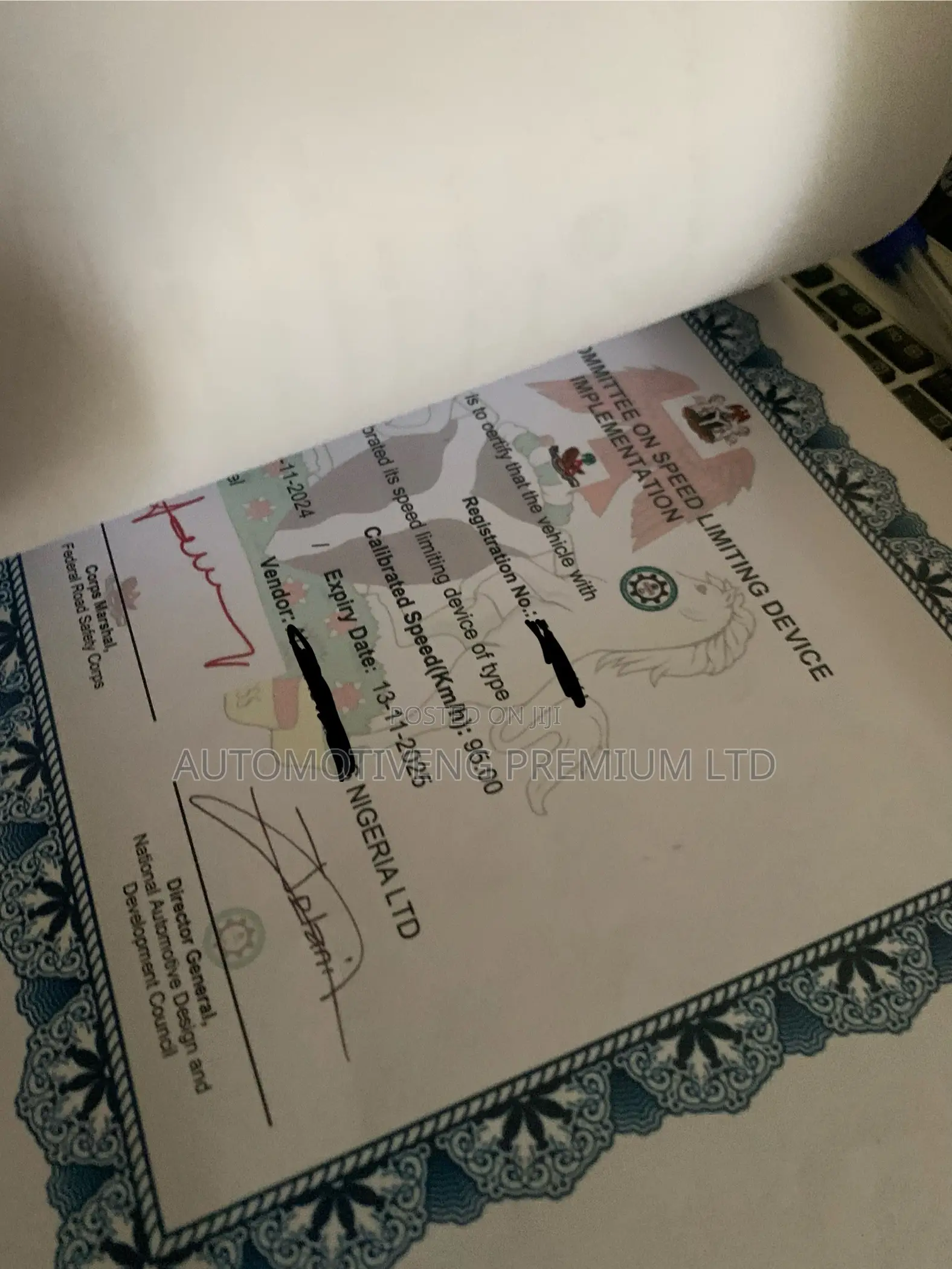 Approved Speed Limiter Vendor Certificate