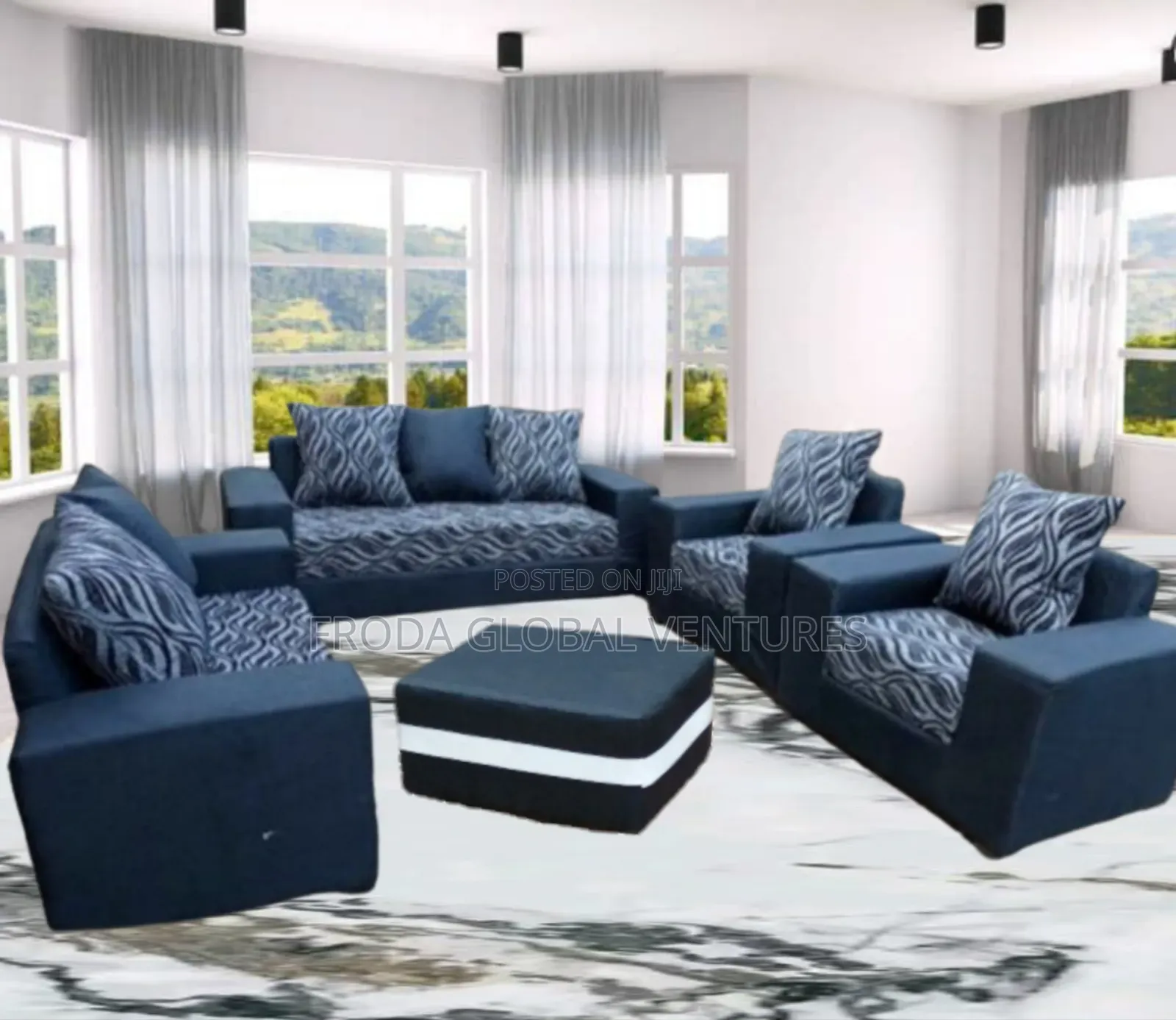 Pillows Back Chairs and Table. Quality 7 Seaters Fabric Sofa. Amt08