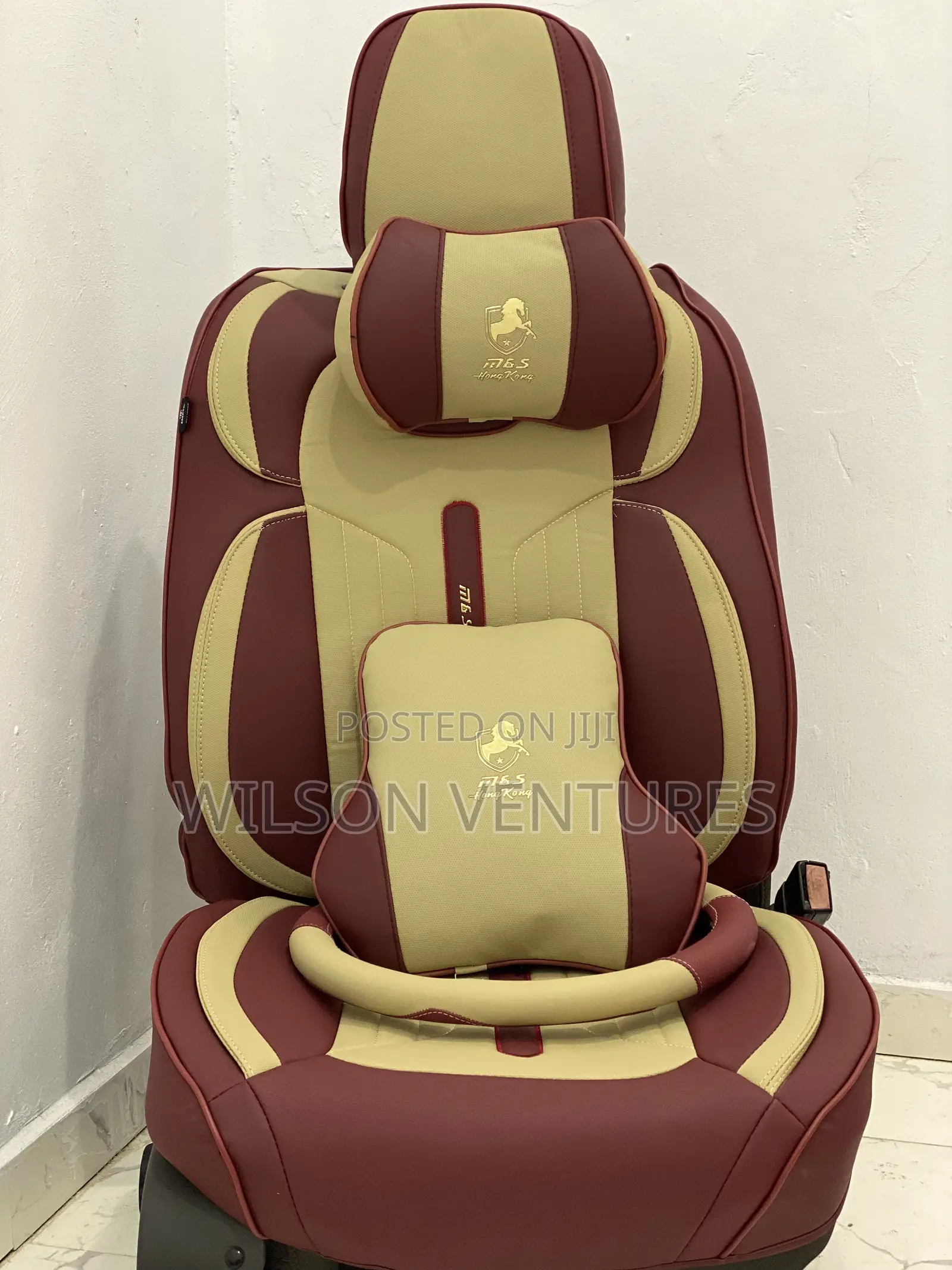 Cream and Wine Color 5 Seater Car Seat Cover