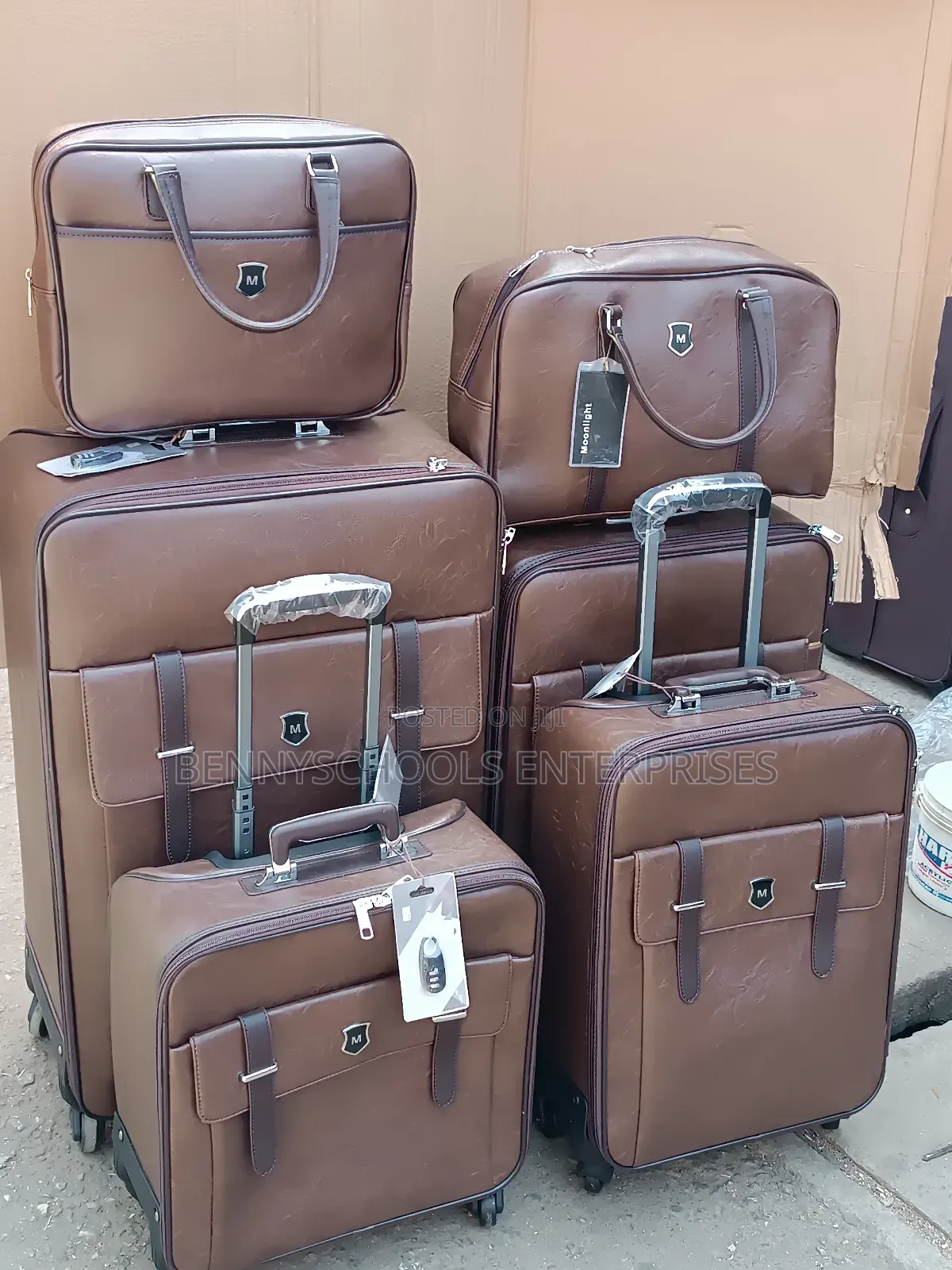Set of 6 Brown Leather Moonlight Travelling Luggage Boxes
