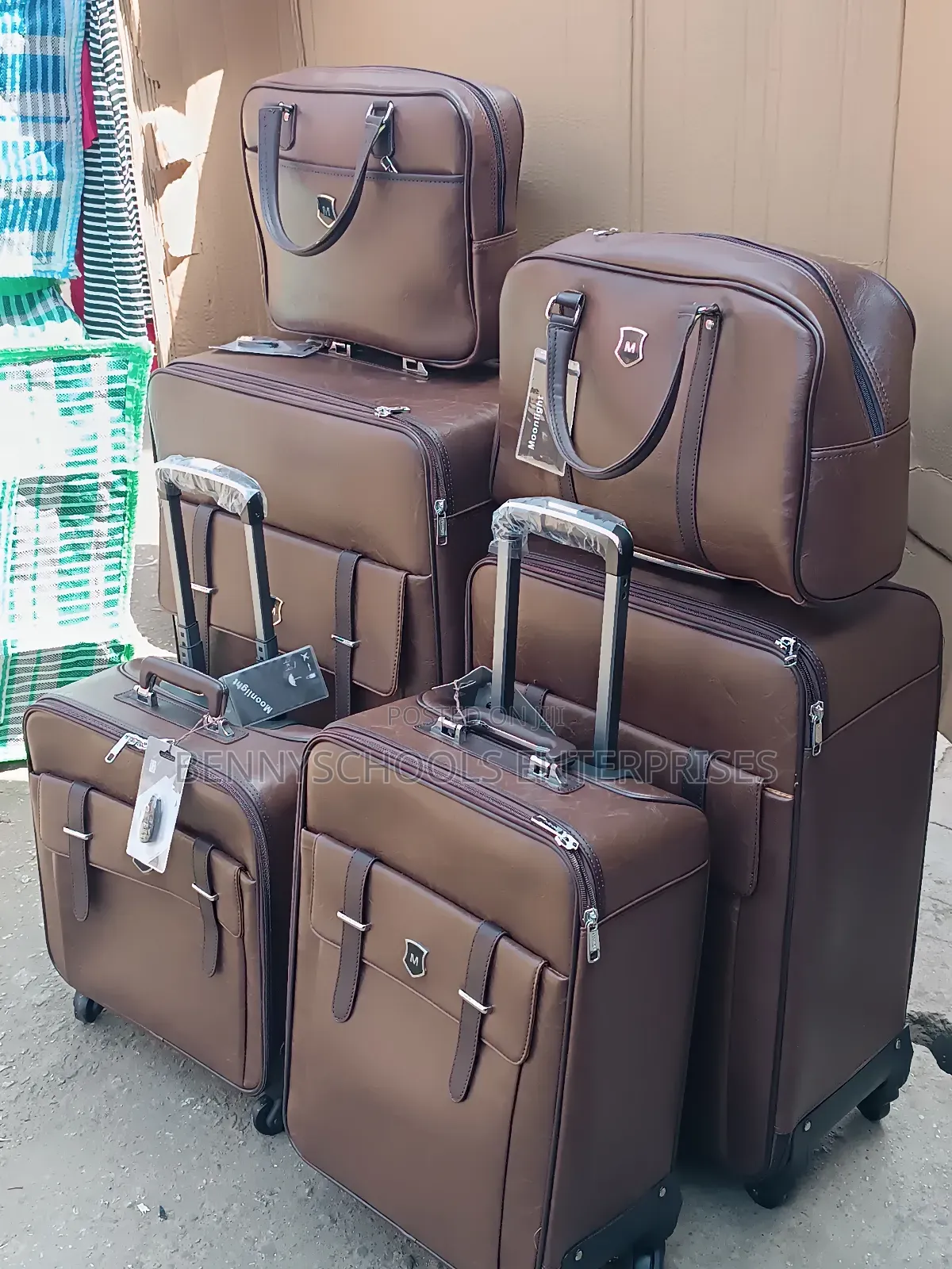 Set of 6 Brown Leather Moonlight Travelling Luggage Boxes