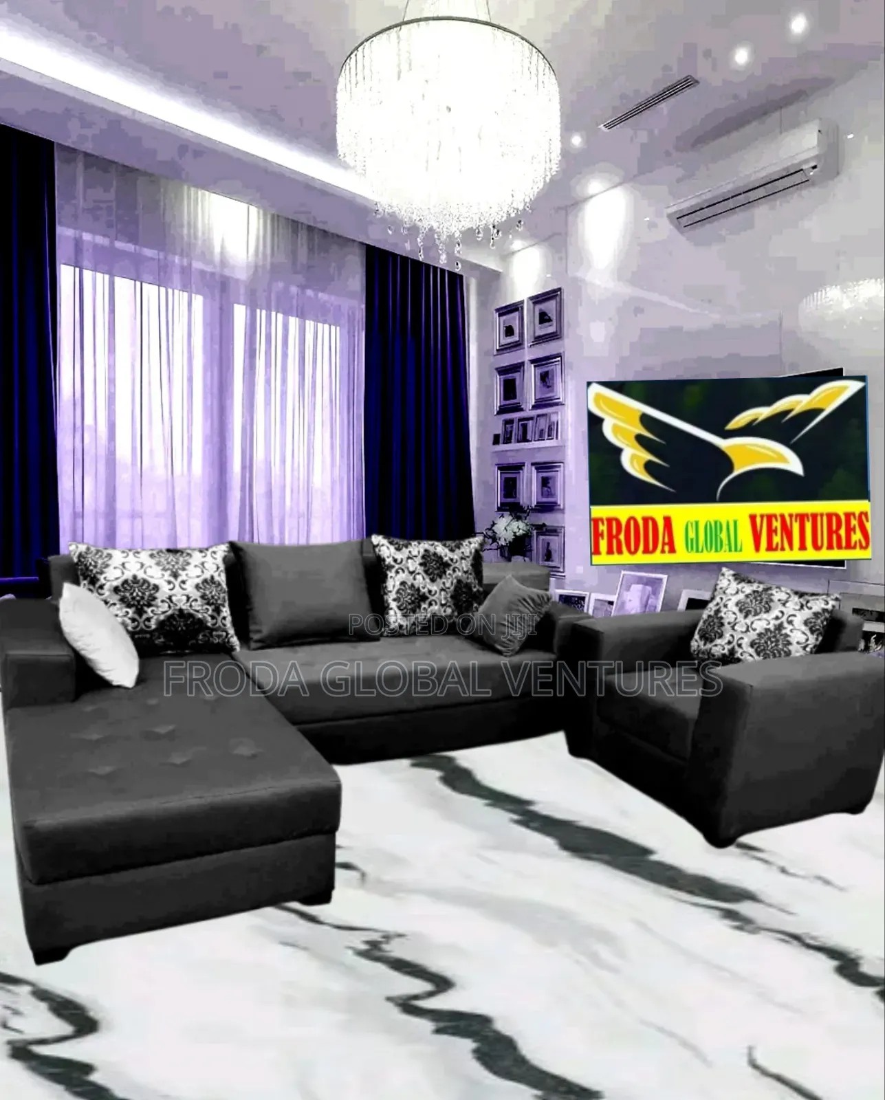 Black Color L-Shape Sofa and Single Chair. Aku05