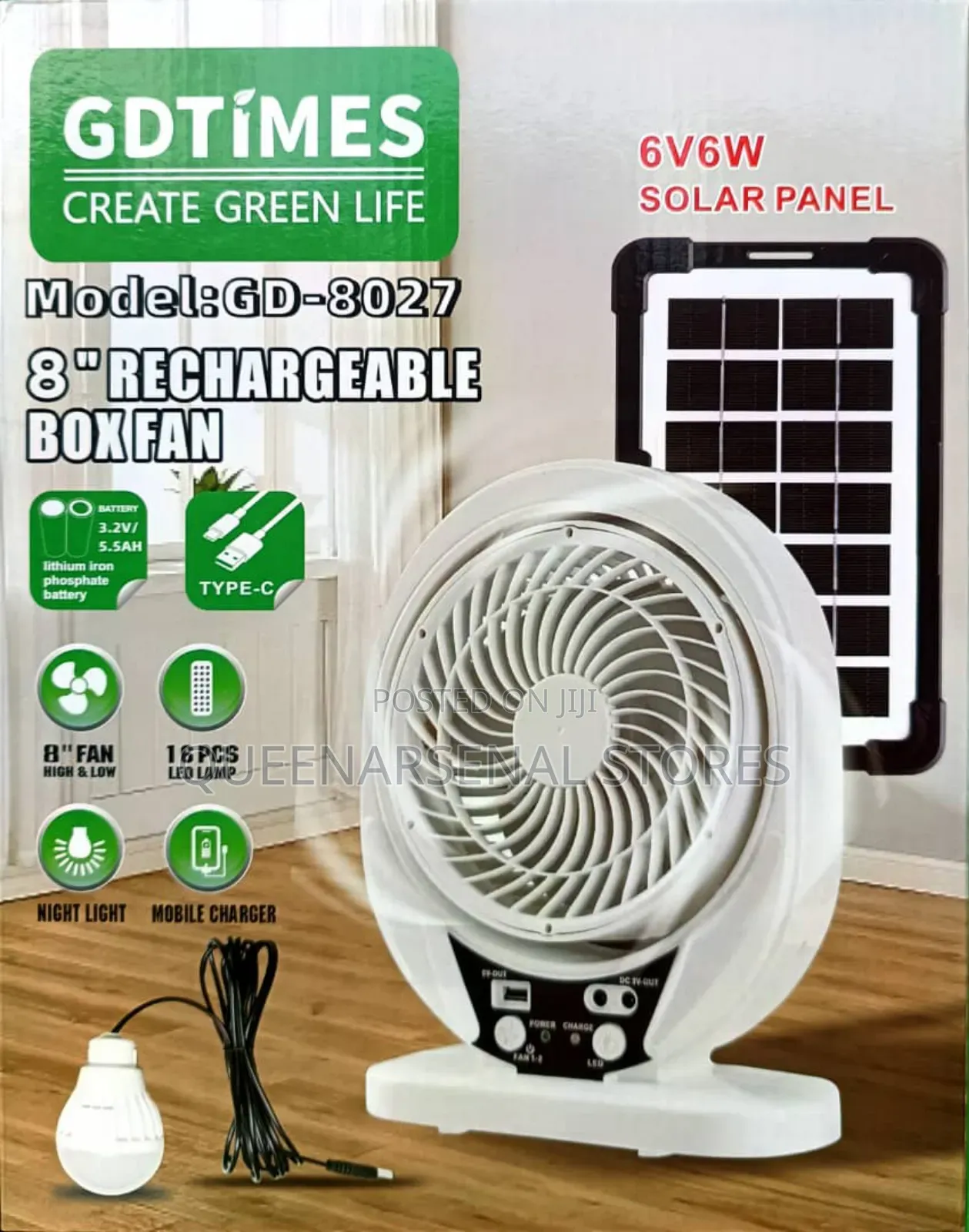 8" Rechargeable Fan With Bulb