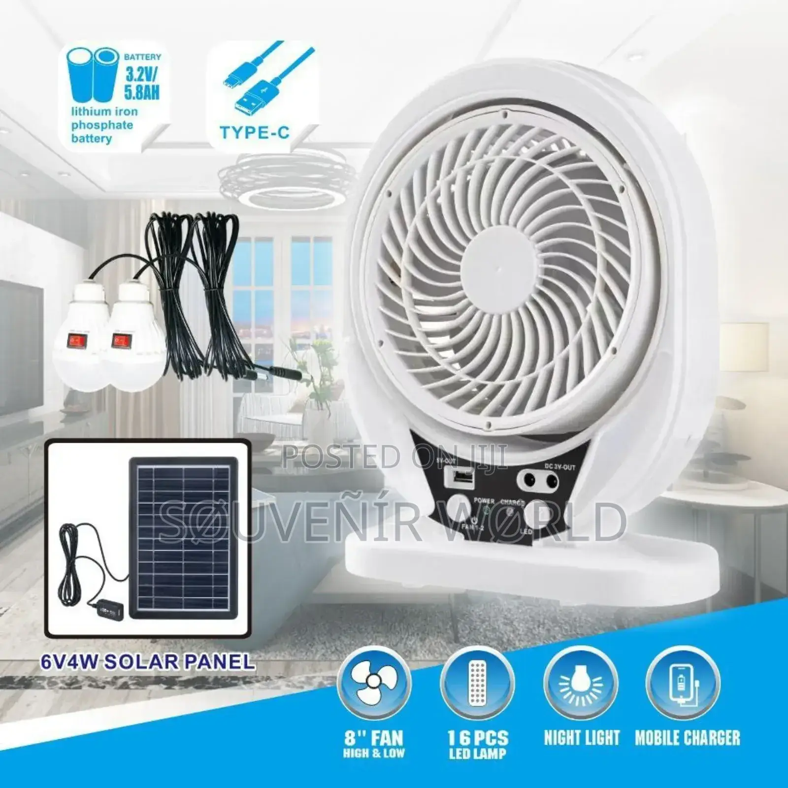 8 Inches Multifunctional Rechargeable Solar Fan