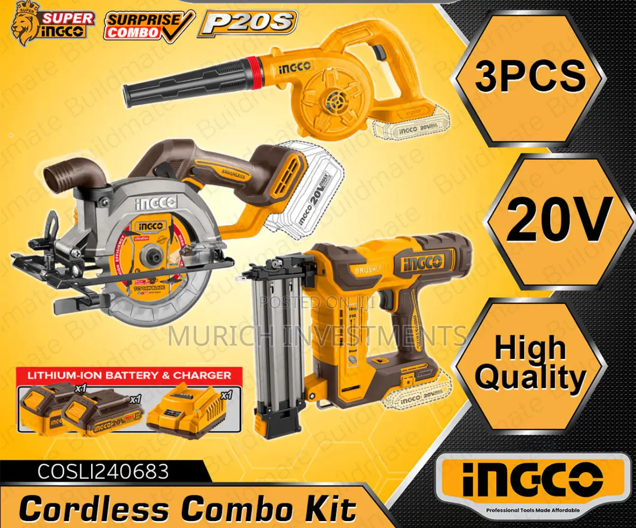 Ingco 3pcs Cordless Combo Kit 20V Lithium-Ion