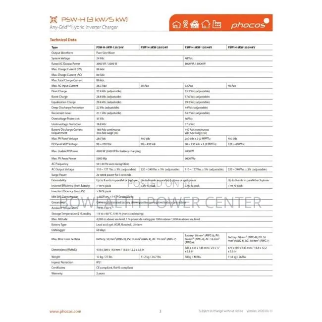 Phocos PSW-H-5kw-230/48v Any-Grid Hybrid Inverter Charger