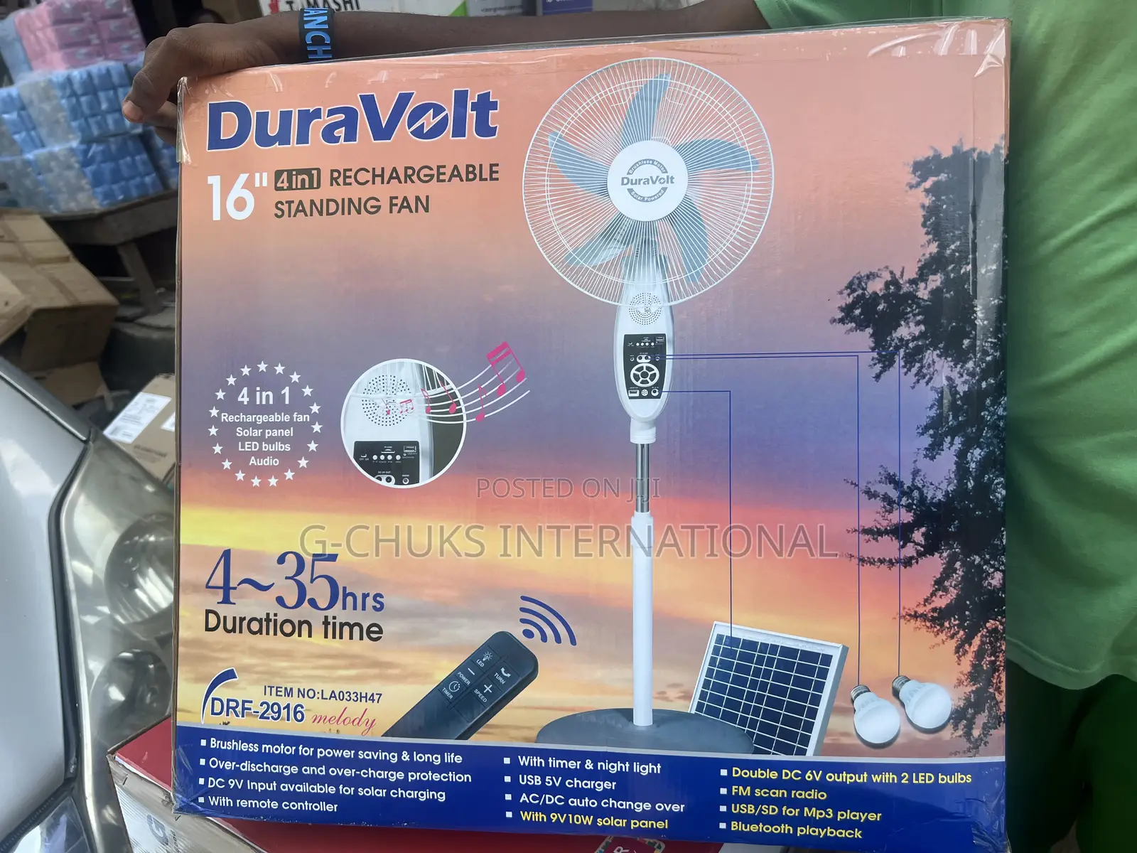 Duravolt 16'' Rechargeable Standing Fan With Music- Drf-2916