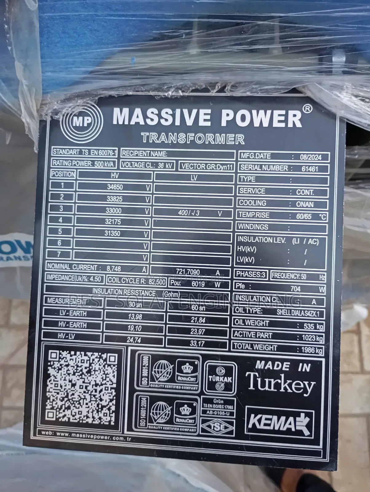 500kva 33/0.400kv Massive Power Transformer