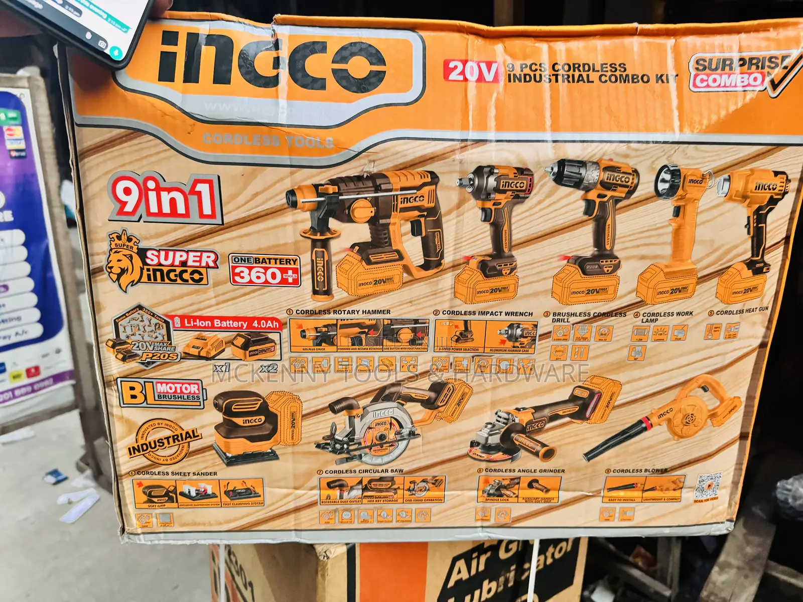 Ingco Industrial Cordless Combo Set - 20v - 9pcs