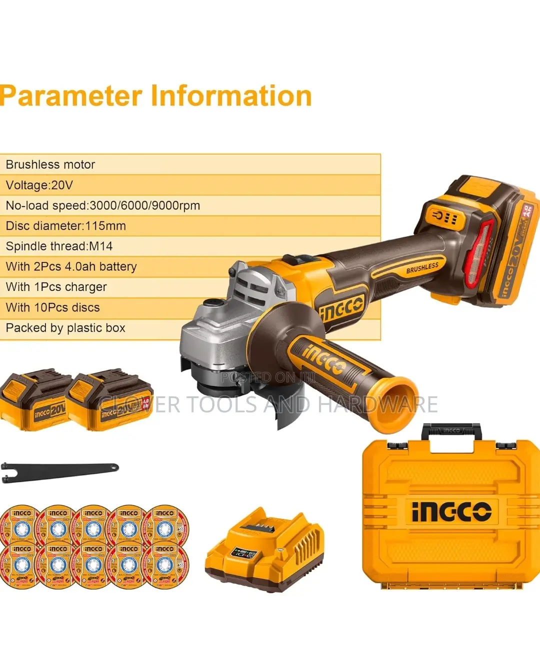 INGCO 115mm Cordless Angle Grinder 20V Brushless