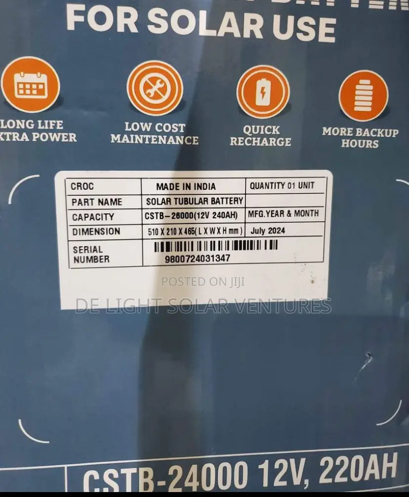 240ah 12V Croc Solar Tubular Battery a Quality Indian Batter