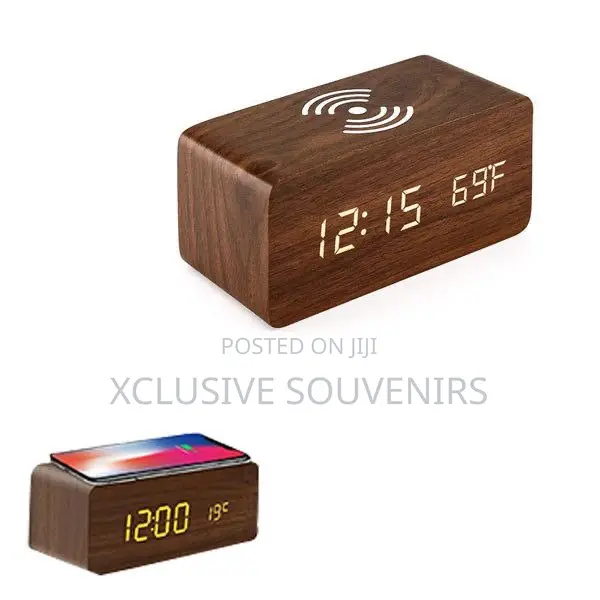 Wooden Led Digital Alarm Table Clock With Wireless Charging