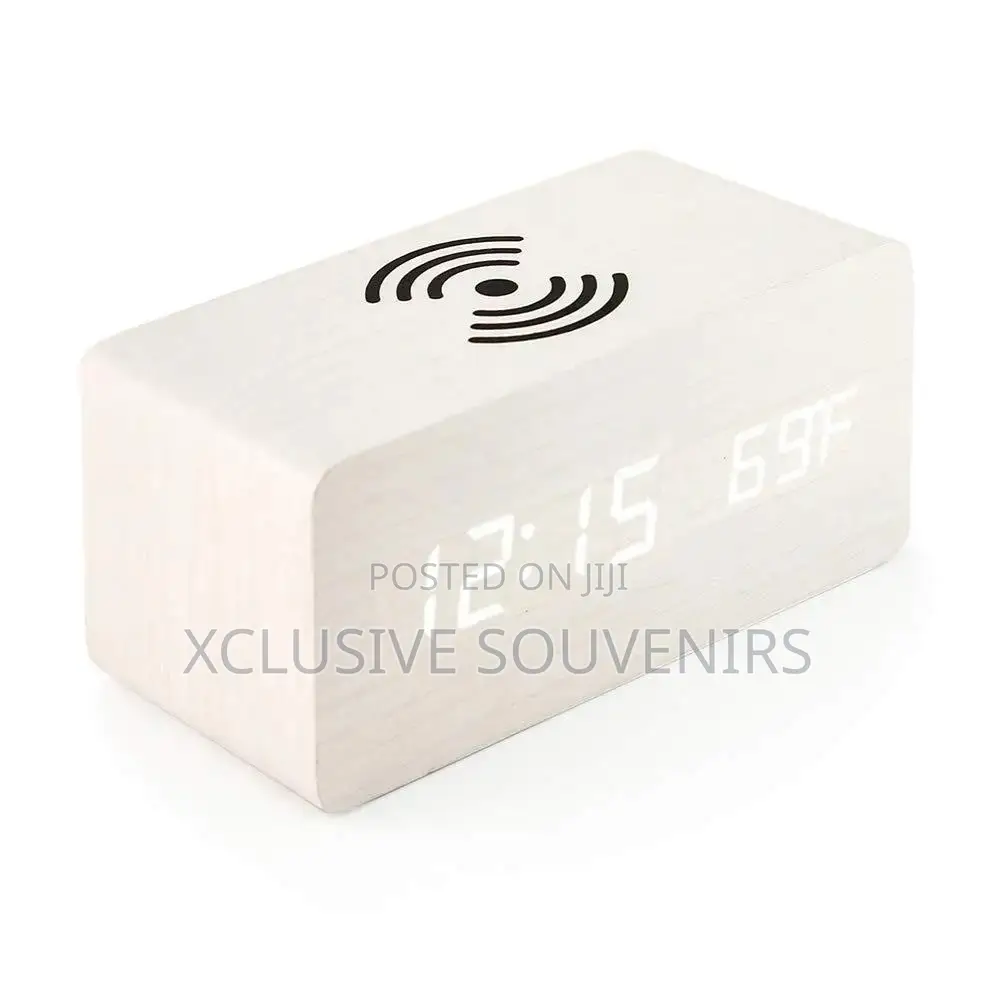 Wooden Led Digital Alarm Table Clock With Wireless Charging