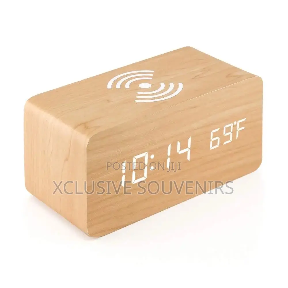 Wooden Led Digital Alarm Table Clock With Wireless Charging