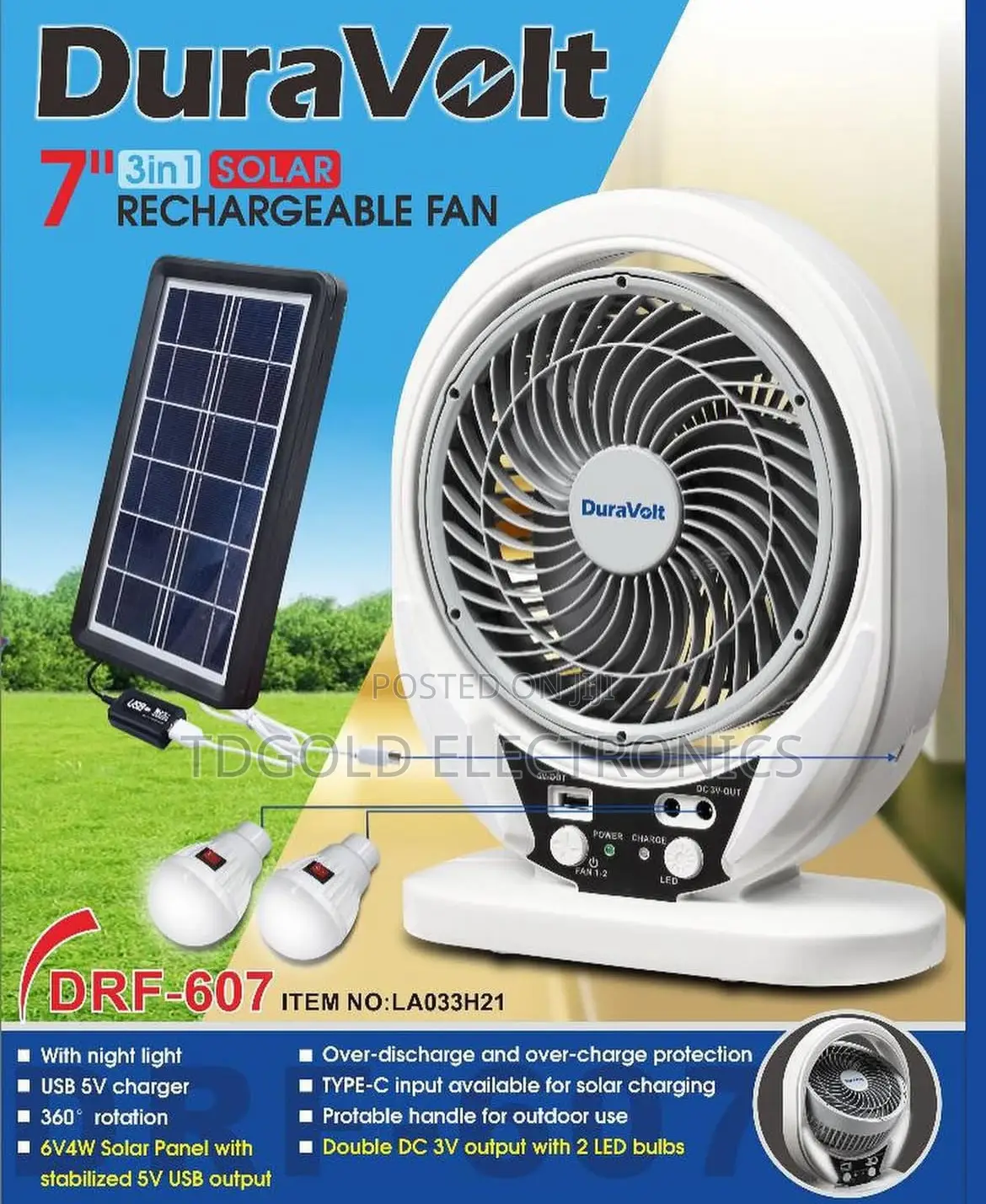 Duravolt 7-Inch Rechargeable Table Fan