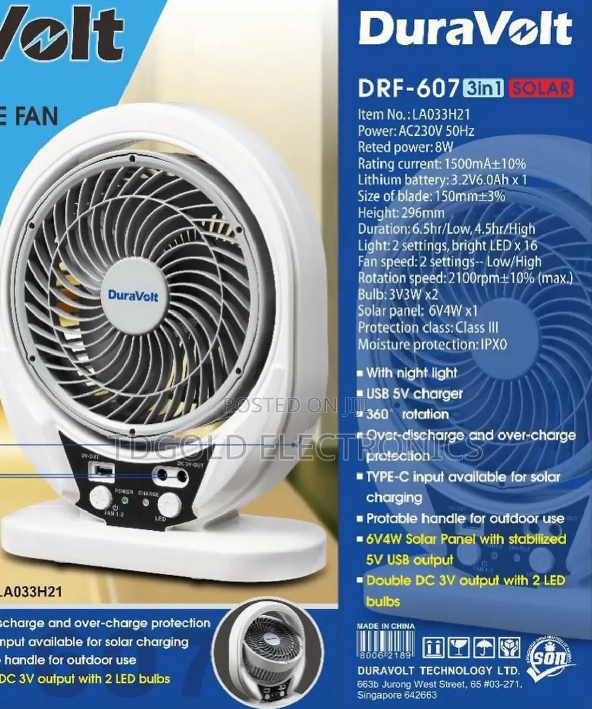 Duravolt 7-Inch Rechargeable Table Fan