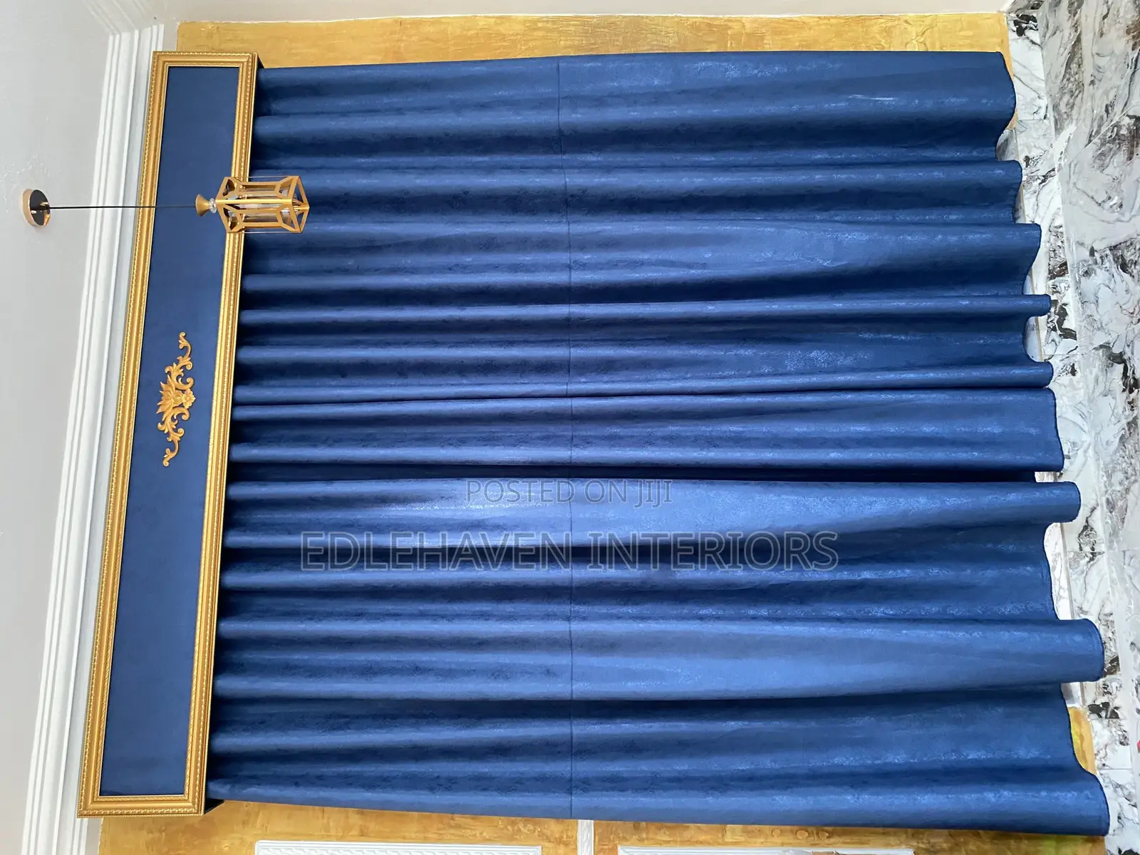 Blue Stock Curtain With Gold Board