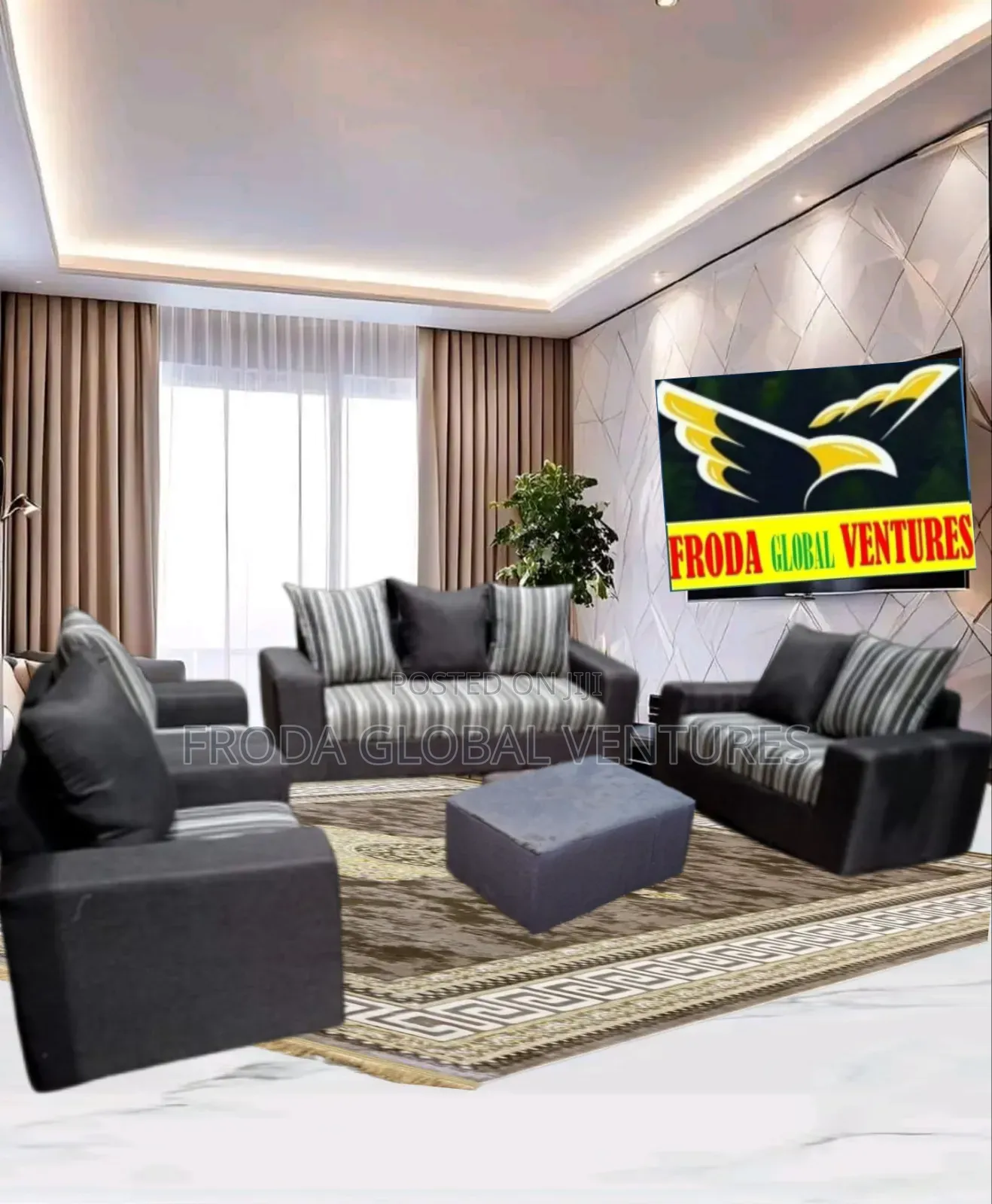 7 Seaters Sofa Chairs With Table. Brown Color Fabric Couch. Aku06