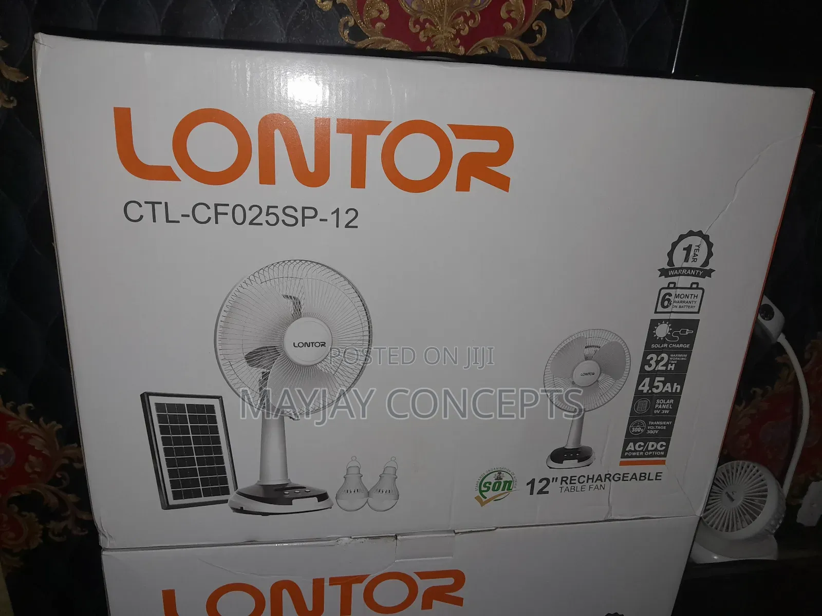 Lontor 12" 3-in-1 Solar Table Rechargeable Fan+Panel+2-Bulbs