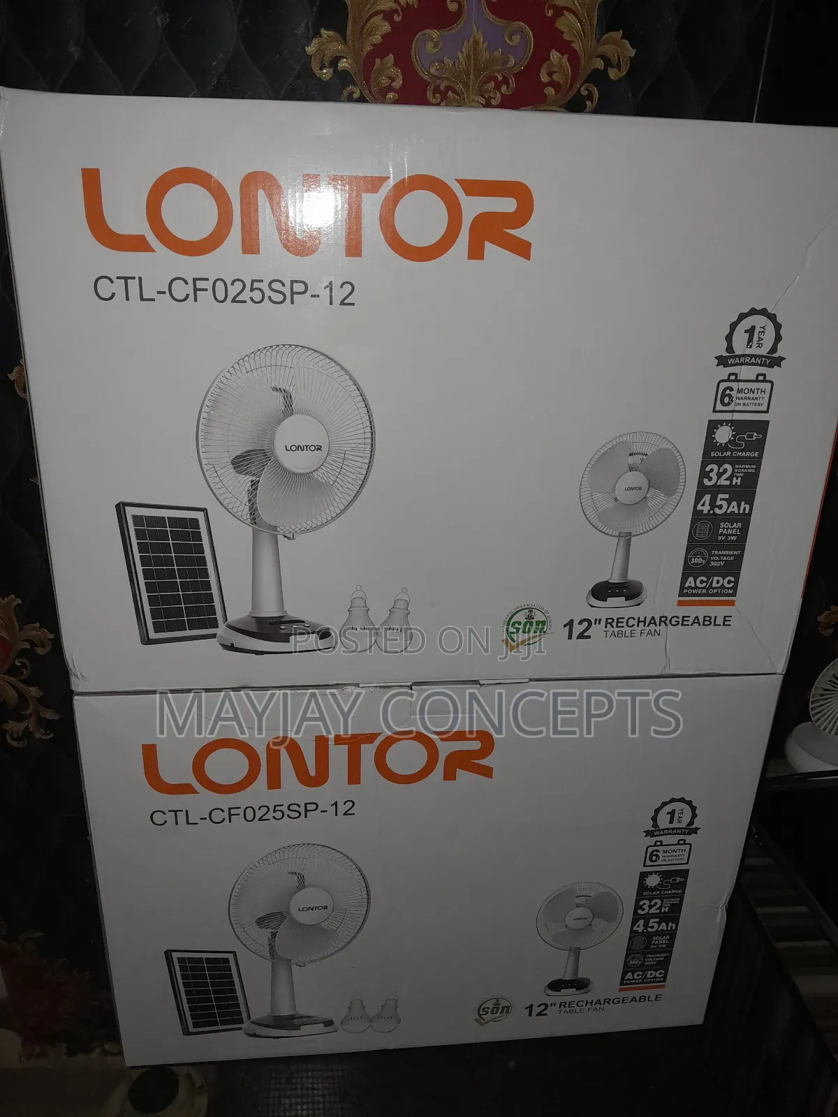 Lontor 12" 3-in-1 Solar Table Rechargeable Fan+Panel+2-Bulbs