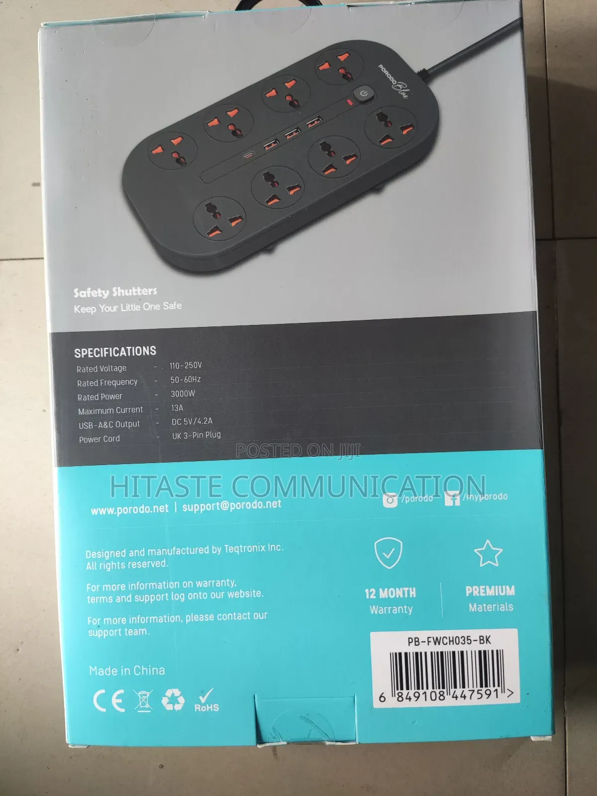 Porodo 8 AC Power Strip Universal Sockets 30000w