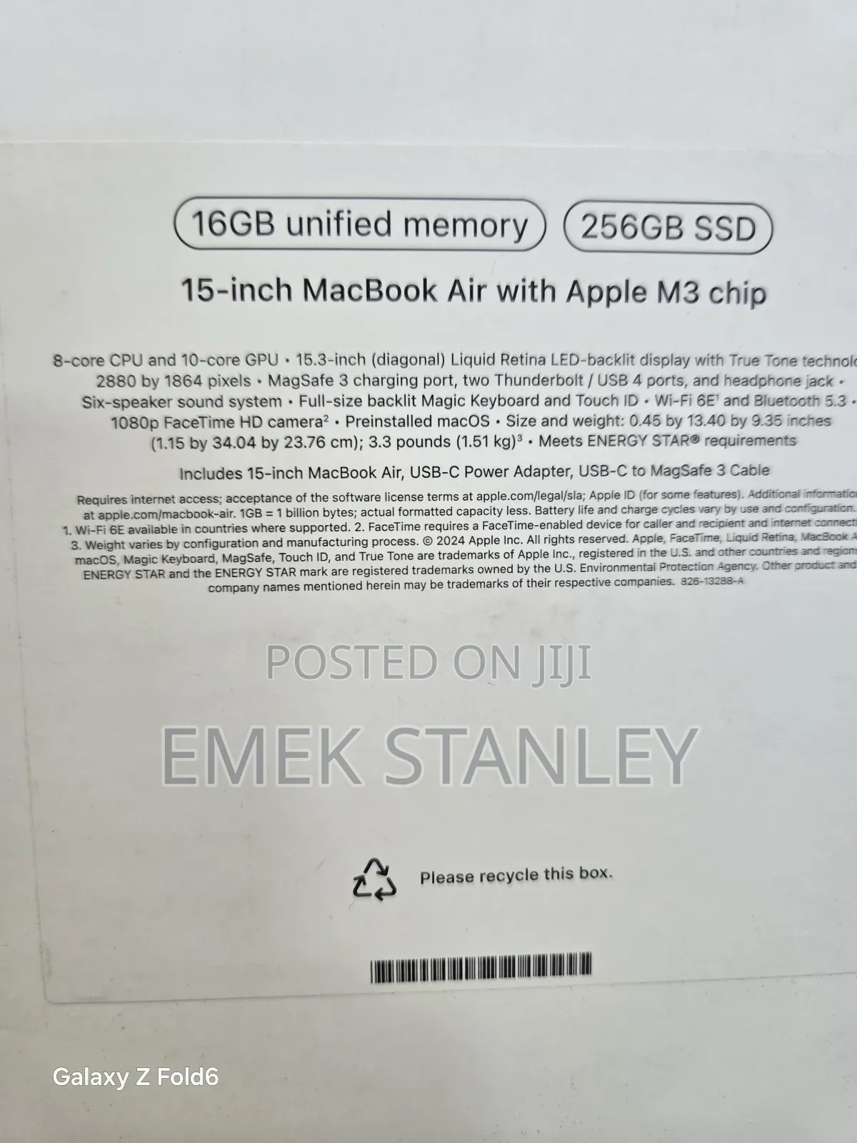 New Laptop Apple MacBook Air 2024 M3 15-inch 16GB Apple M3 SSD 256GB