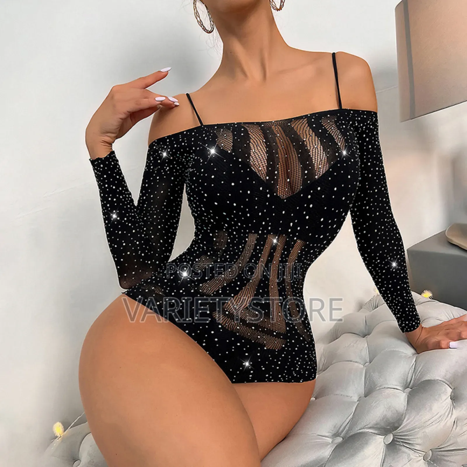 Rhinestones Sexy Body Stocking Fishnet Bodysuit Long Sleeve