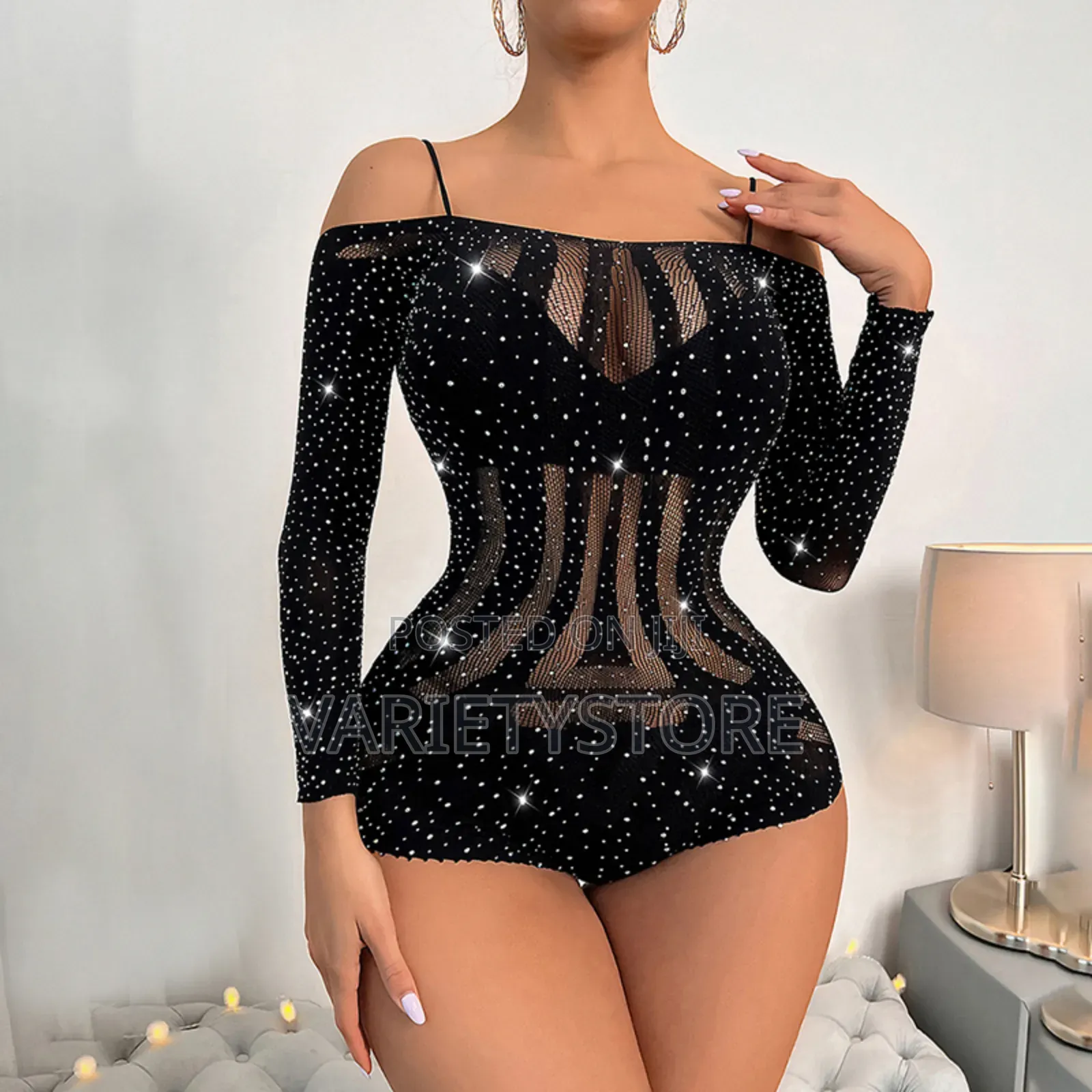 Rhinestones Sexy Body Stocking Fishnet Bodysuit Long Sleeve