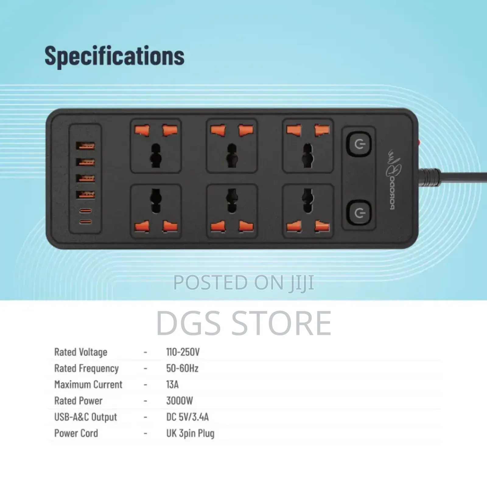 Porodo Blue Fwc033 6 AC Dualswitchpowerstripuniversalsocket