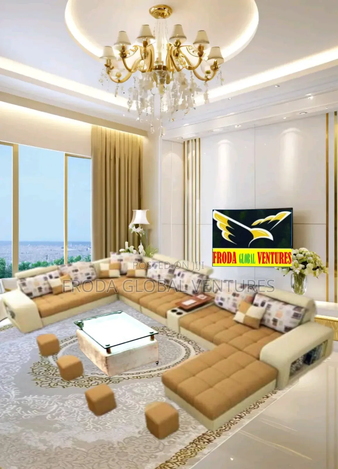 Beautiful Sofa Chairs With Table and Stools. U-Shape Couch