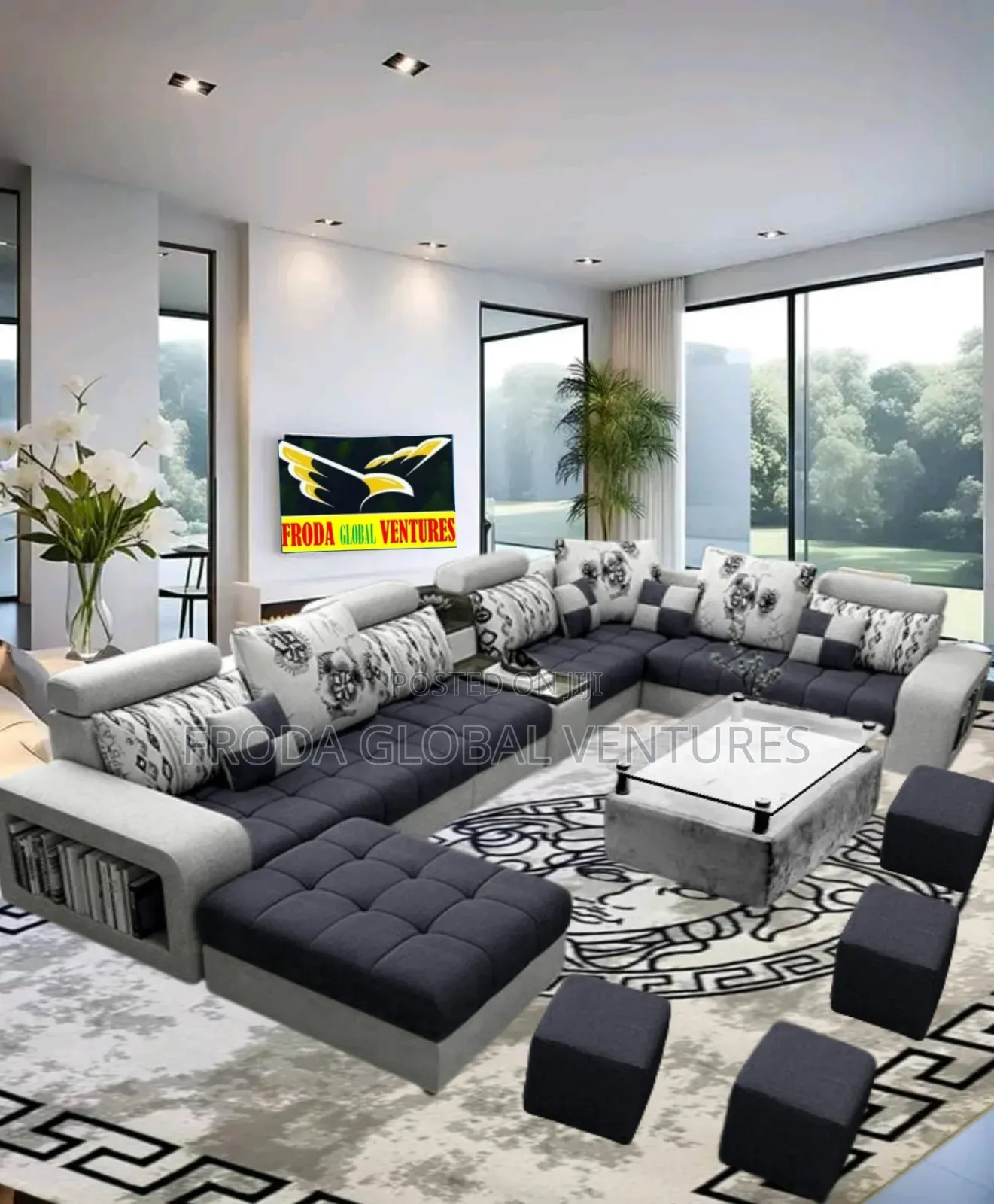 Quality Set of U-Shape Sofa Chairs, Table and Side Stools