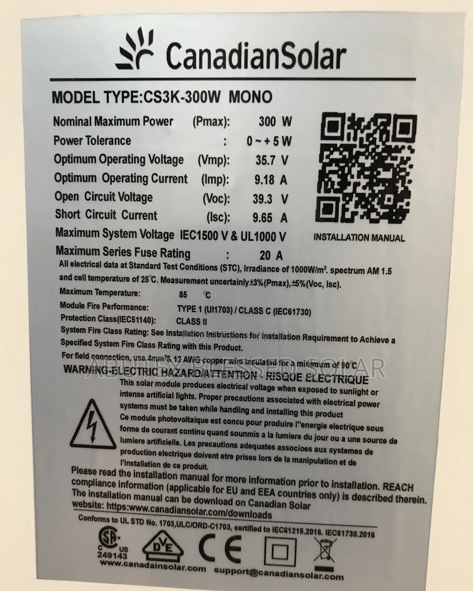 300w Canadian Mono Solar Panel
