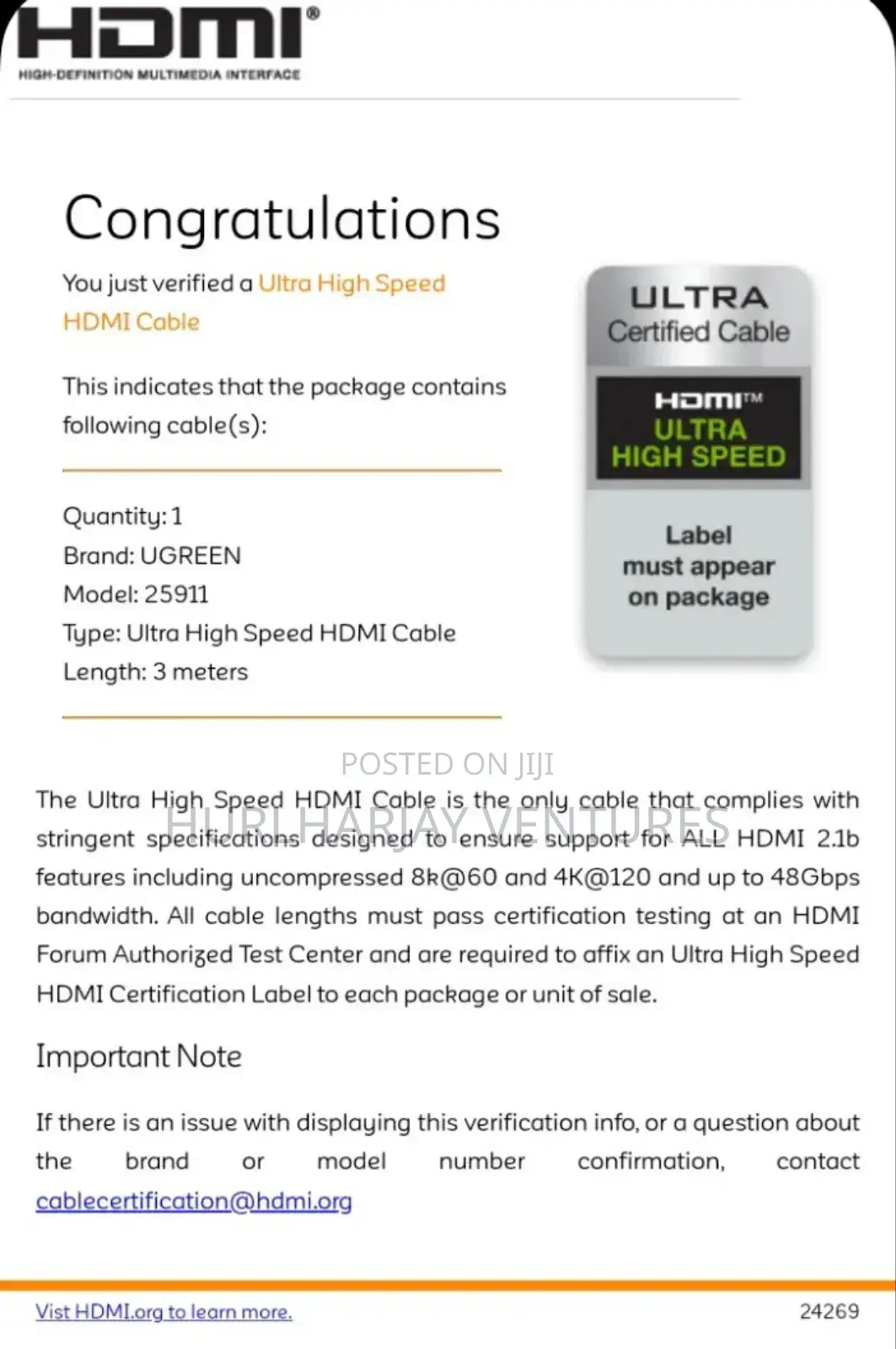 3m Ugreen Hdmi V2.1 Cable