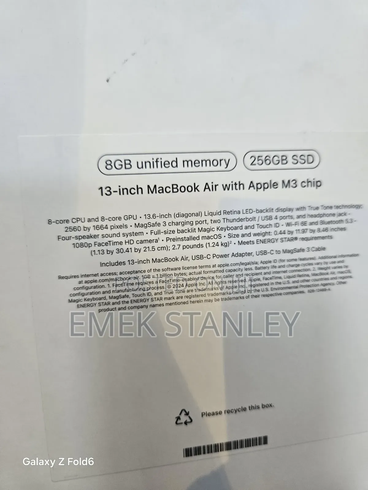 New Laptop Apple MacBook Air 2024 M3 8GB Apple M3 SSD 256GB