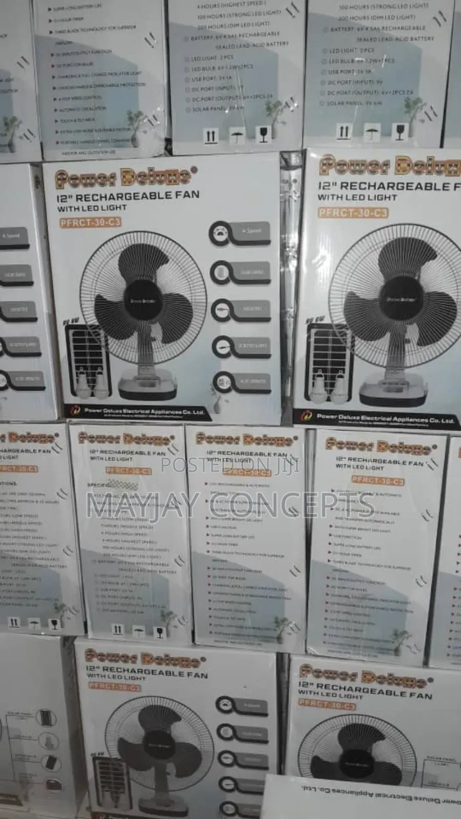 12" Power Deluxe 3in1 Table Solar Fan+Panel+LED Light+2-Bulb