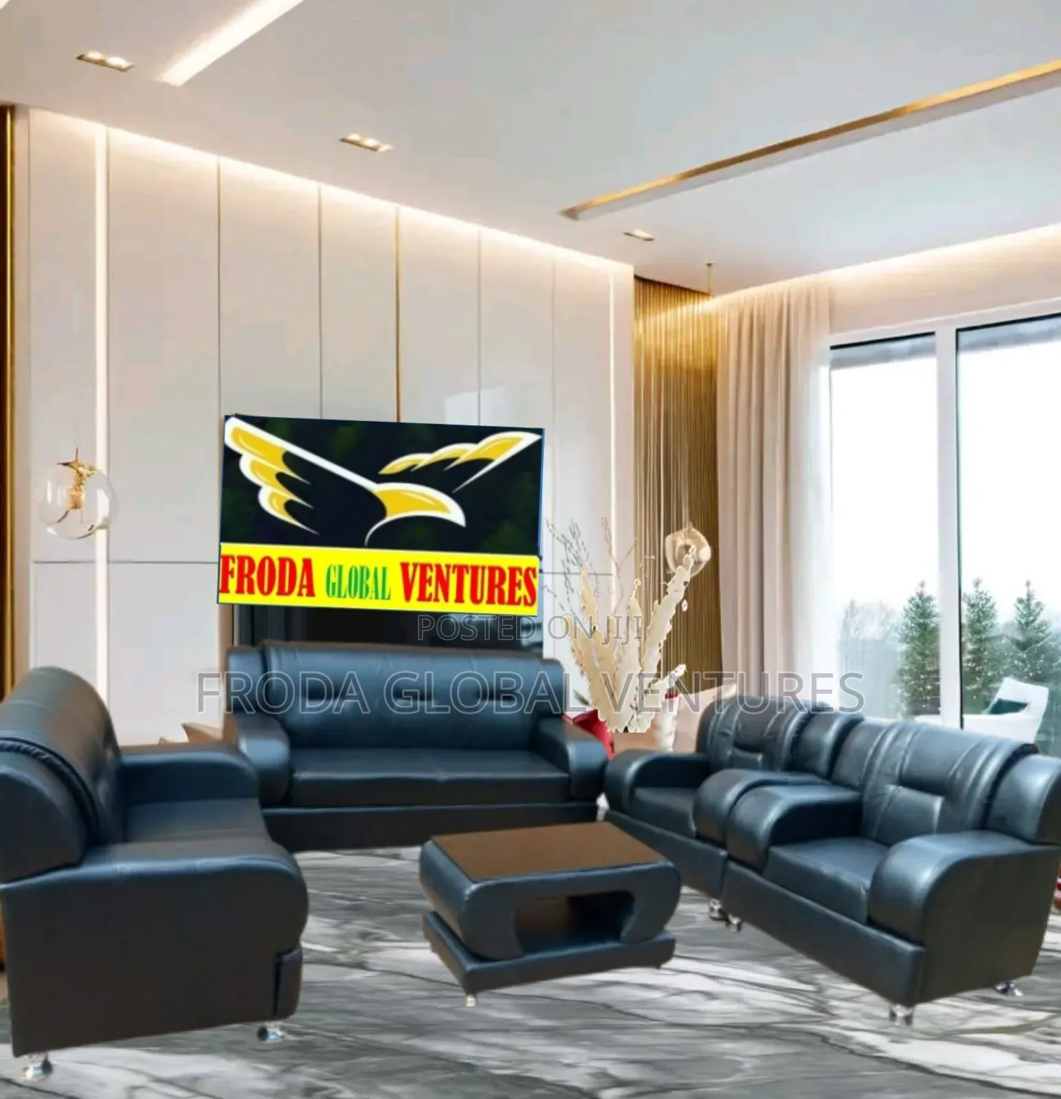 Set of 3+2+1+1 Seaters Couch With Table. Black Leather Sofa